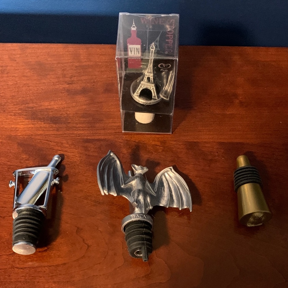 Set of 4 Bottle Stops & Pourers Bacardi Bat, Eiffel tower, Owl